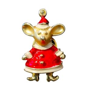 Louis Giusti Christmas Mouse Pin 1.25" Stamped on Back Just Adorable Gold Red